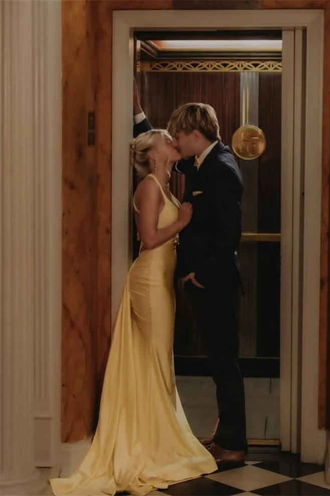 Luxe Satin Halter Plunge V-Neck Crisscross Open Back Mermaid Prom Dress with Train