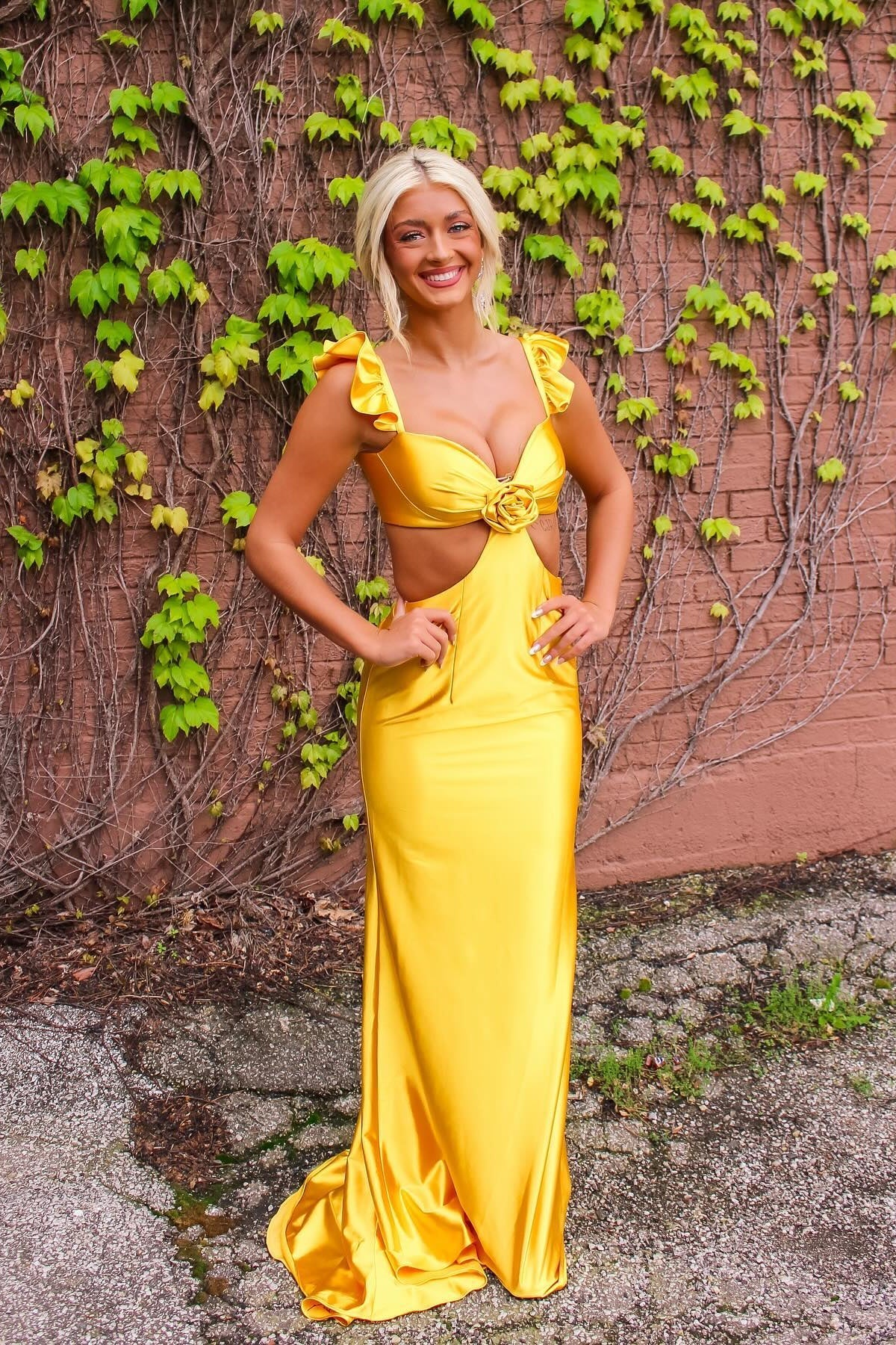 Pink Satin Sheath/column Floor-Length Dress with Midriff Cut-out and Ruffled Shoulder Straps