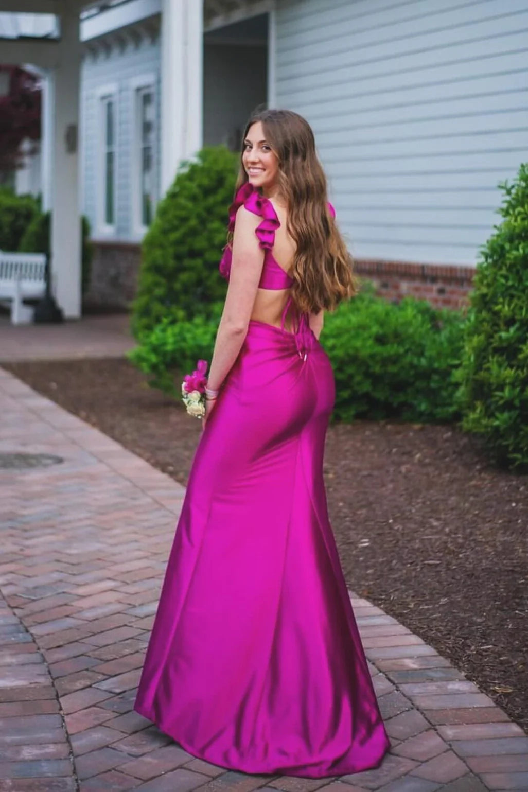 Pink Satin Sheath/column Floor-Length Dress with Midriff Cut-out and Ruffled Shoulder Straps