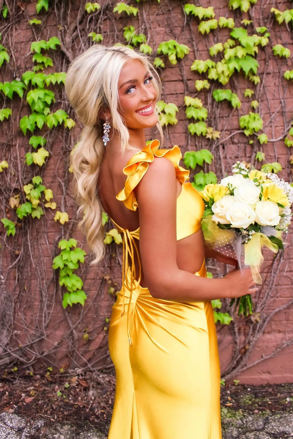 Pink Satin Sheath/column Floor-Length Dress with Midriff Cut-out and Ruffled Shoulder Straps