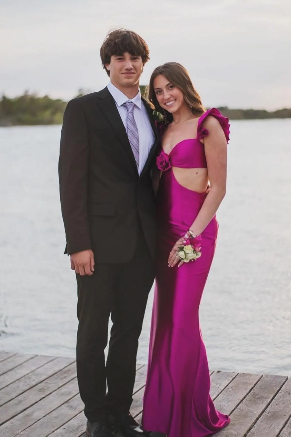 Pink Satin Sheath/column Floor-Length Dress with Midriff Cut-out and Ruffled Shoulder Straps