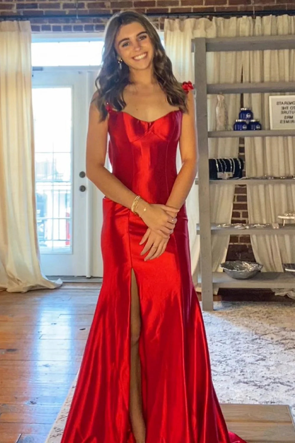 Black Satin Mermaid Floor-Length Evening Dress | Sweetheart Neckline, High Slit & Ruffled Straps