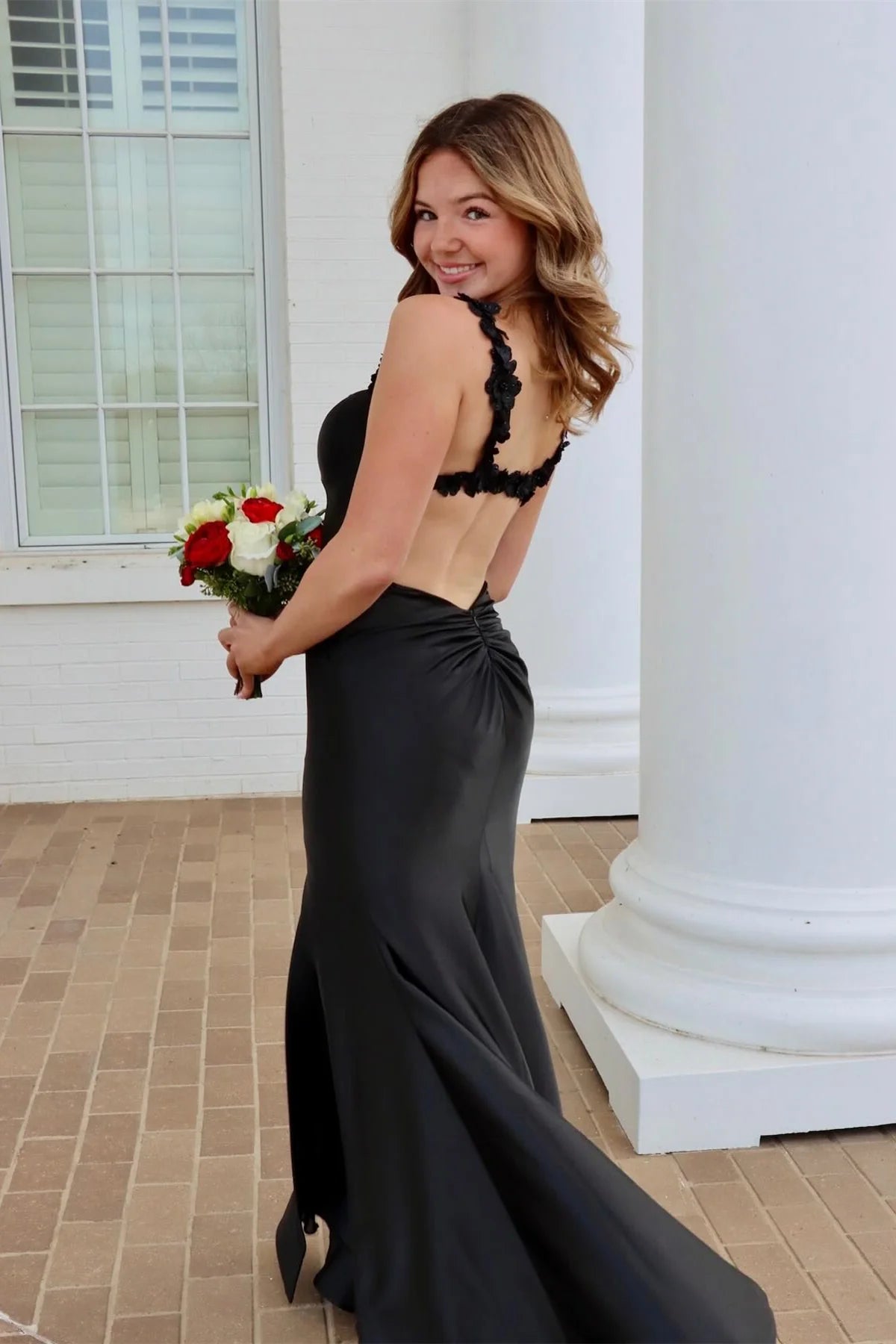Black Satin Mermaid Floor-Length Evening Dress | Sweetheart Neckline, High Slit & Ruffled Straps