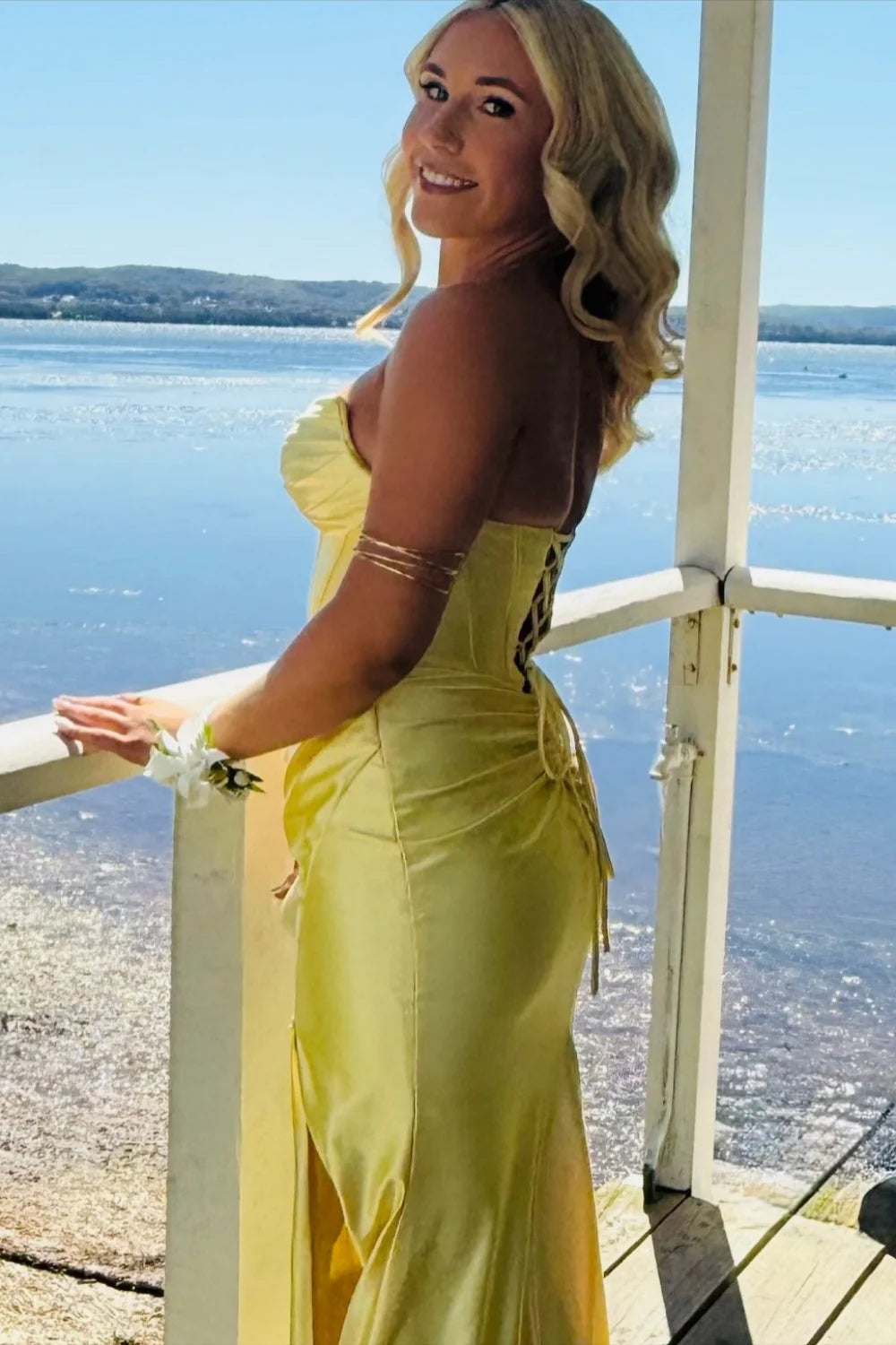 Luxe Satin Strapless Sweetheart Corset Bodice Mermaid Prom Dress with High Slit & Train