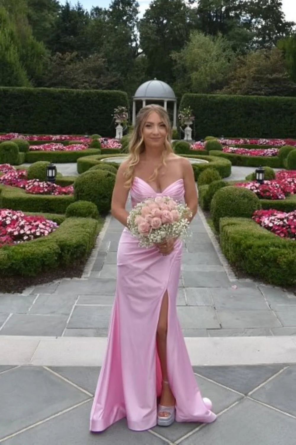 Pink Satin Sweetheart Sheath/Column Floor-Length Dress with Draped Details & High Slit
