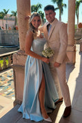 Sky Blue Satin A-Line Floor-Length Evening Dress with Strapless Boned Bodice & High Slit