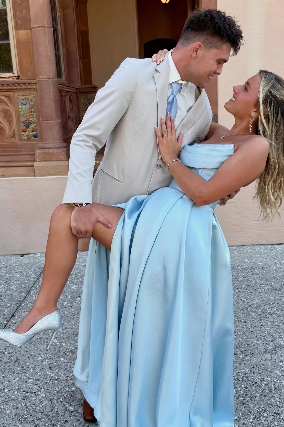 Sky Blue Satin A-Line Floor-Length Evening Dress with Strapless Boned Bodice & High Slit