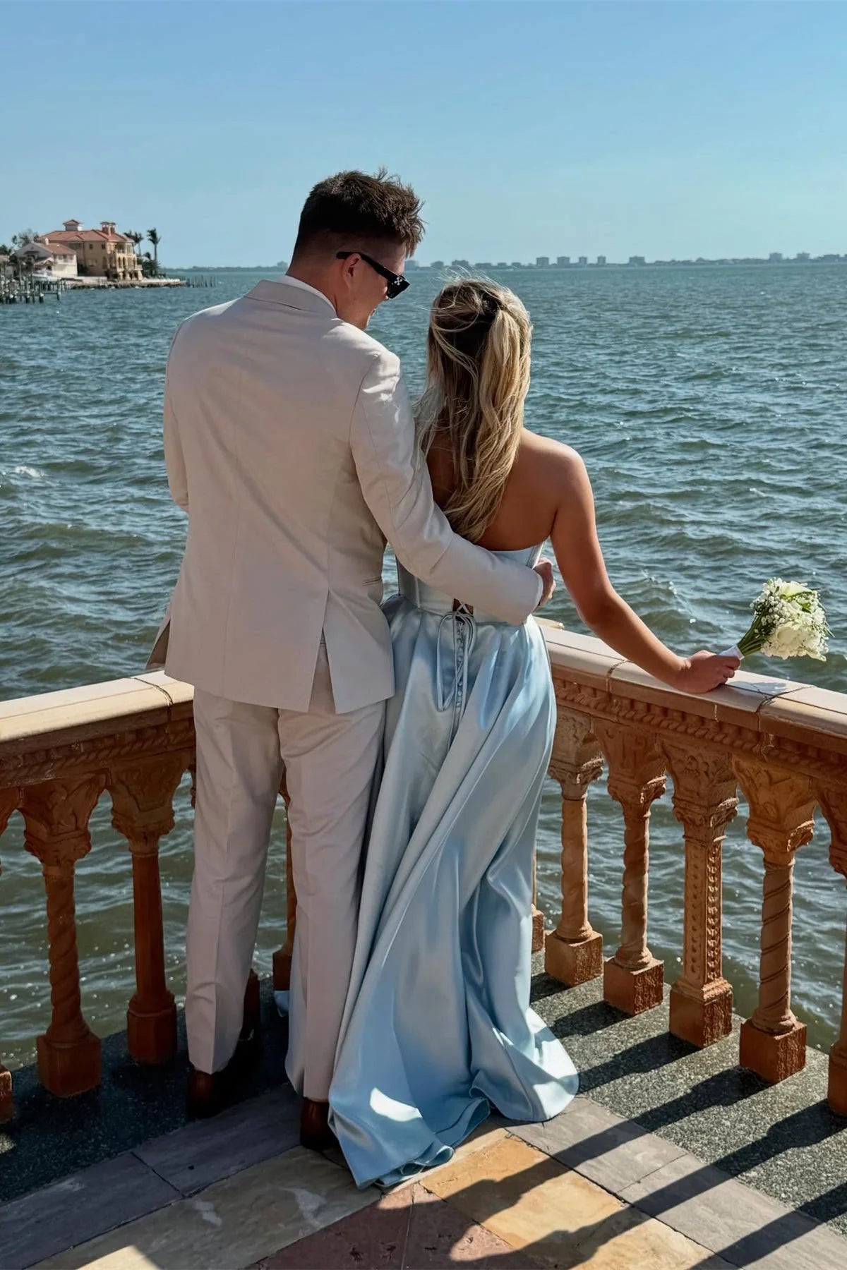 Sky Blue Satin A-Line Floor-Length Evening Dress with Strapless Boned Bodice & High Slit