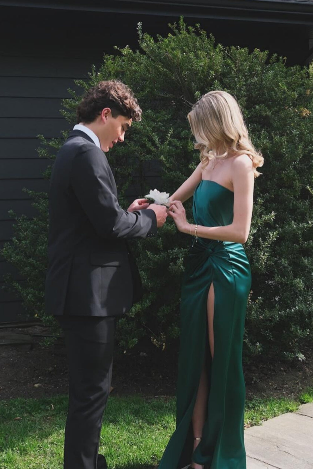 Luxe Satin Strapless Sweetheart Neck Ruched Bodice High Slit Floor-Length Prom Dress