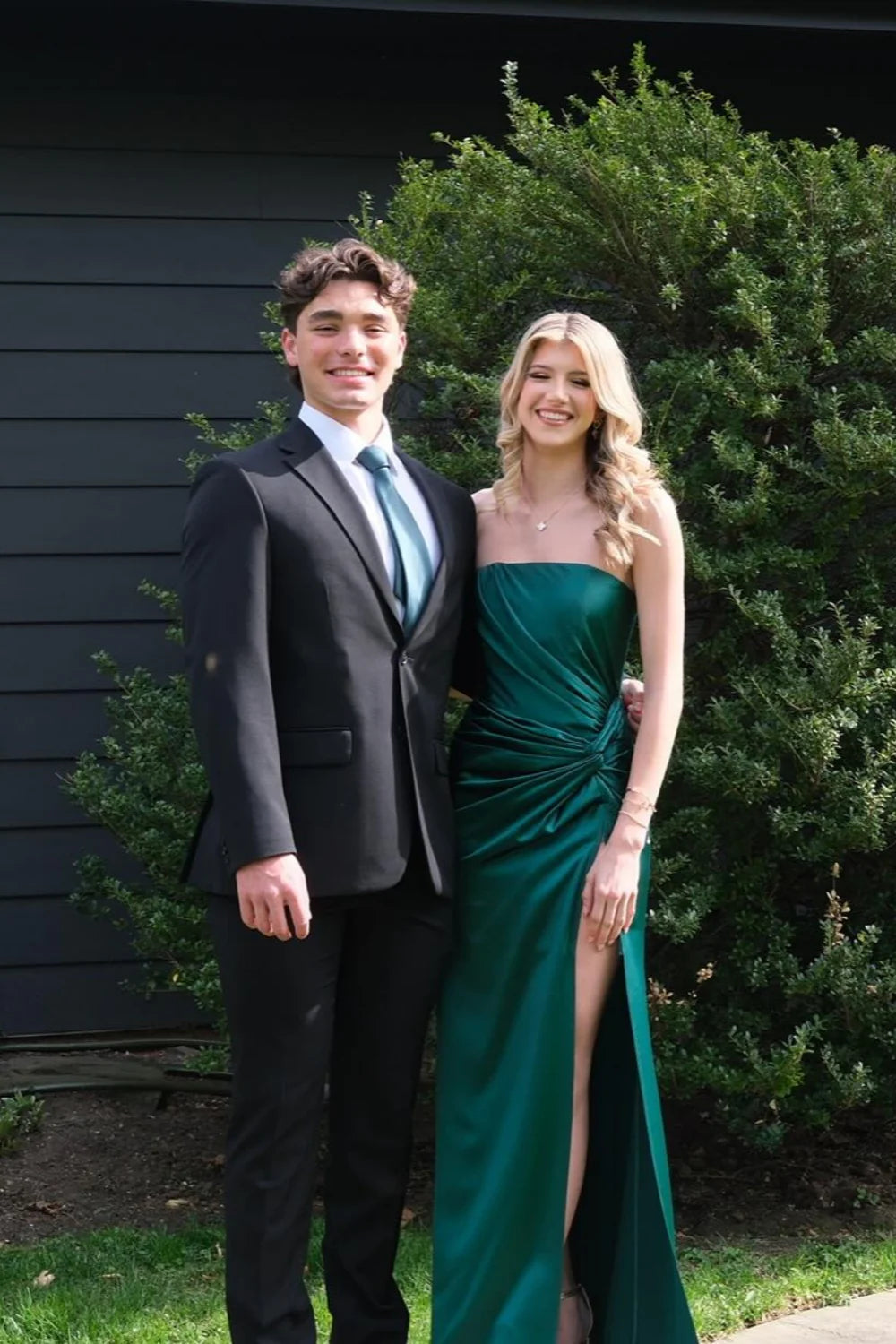 Luxe Satin Strapless Sweetheart Neck Ruched Bodice High Slit Floor-Length Prom Dress