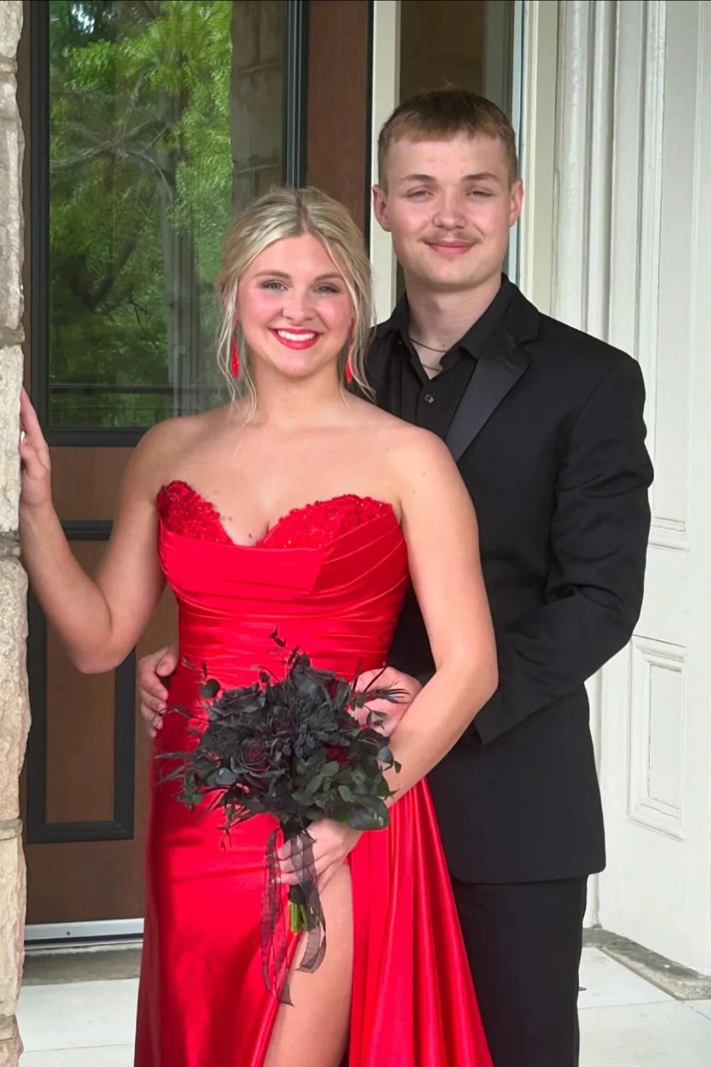 Red Satin A-Line Sweetheart Floor-Length Evening Dress with High Slit