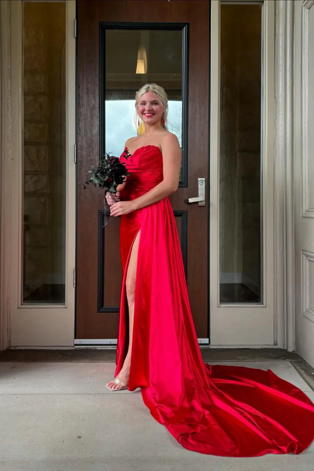 Luxe Satin Strapless Sweetheart Neck Ruched Bodice High Slit Train Prom Dress