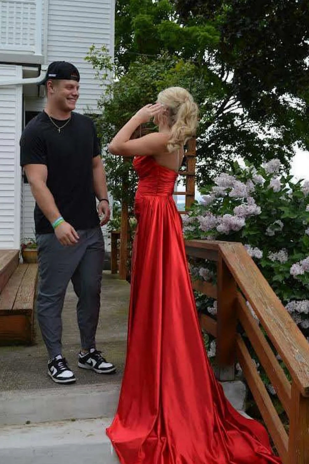 Luxe Satin Strapless Sweetheart Neck Ruched Bodice High Slit Train Prom Dress