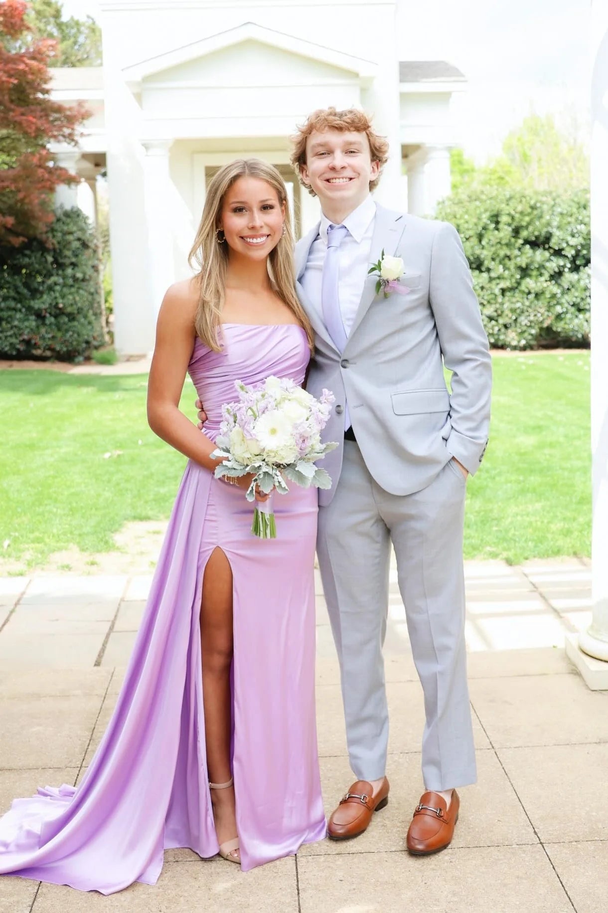 Luxe Satin Strapless Sweetheart Ruched Bodice Mermaid Prom Dress with High Slit & Train