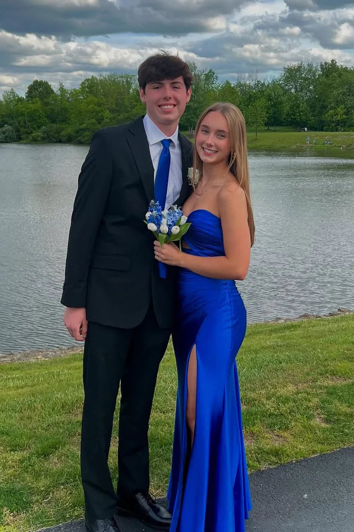 Luxe Satin Strapless Sweetheart Ruched Mermaid Prom Dress with High Slit & Floor-Length Hem