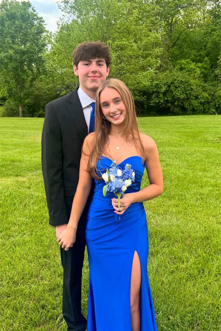 Luxe Satin Strapless Sweetheart Ruched Mermaid Prom Dress with High Slit & Floor-Length Hem