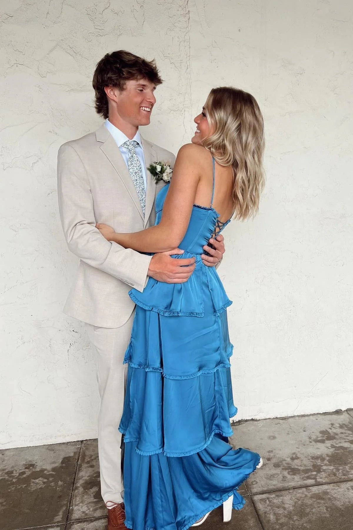 Dusty Blue Tiered Chiffon A-Line Bridesmaid Dress