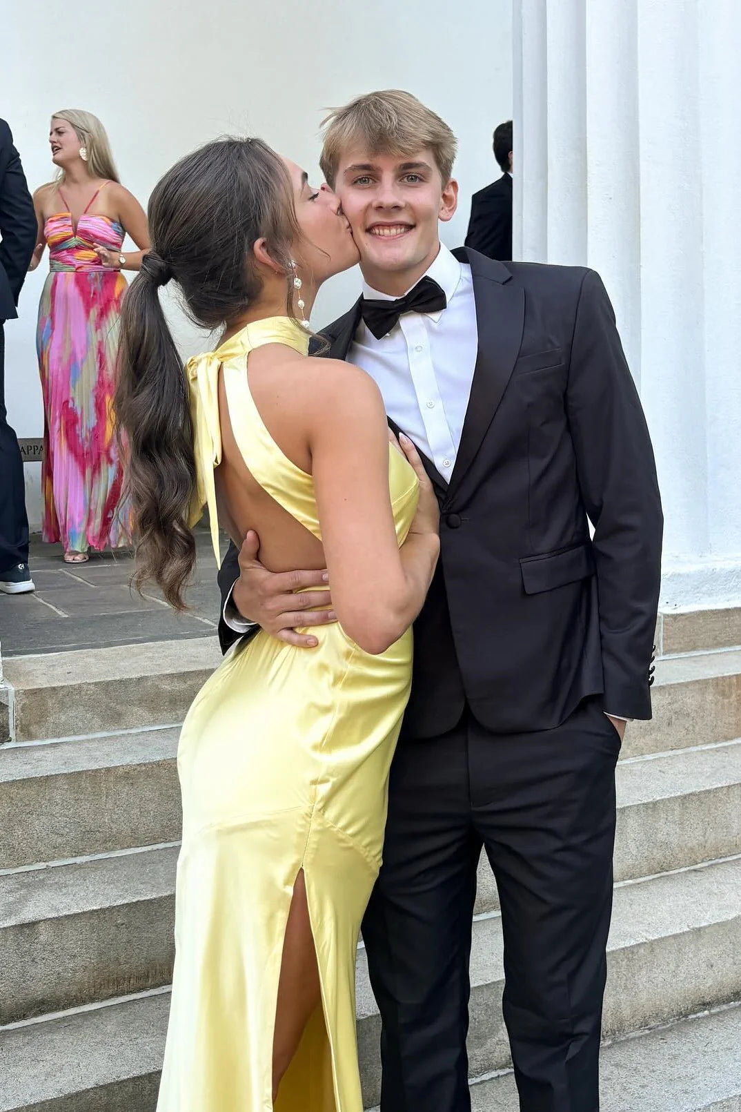 Luxe Satin Yellow Halter Neck Sleeveless Open Back High Slit Floor-Length Prom Dress
