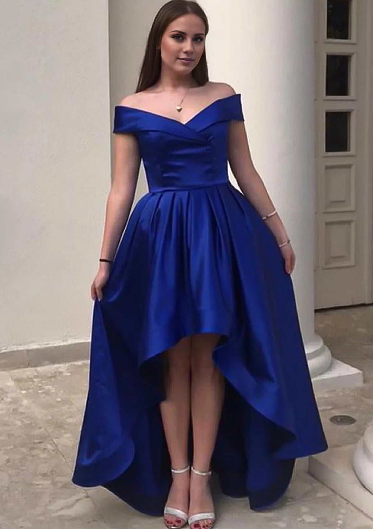 Luxurious A-Line Off-Shoulder Short-Sleeve High-Low Floor-Length Evening Dress