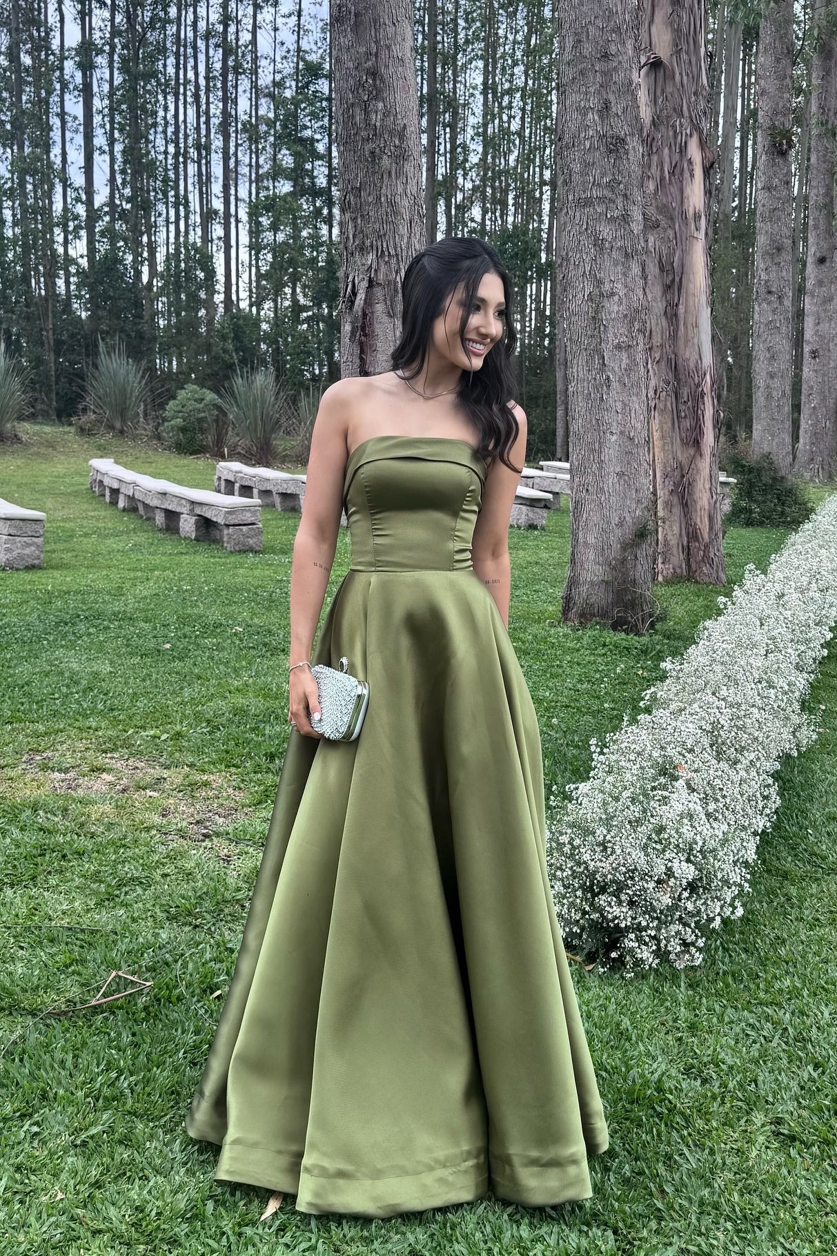 Luxurious A-line Strapless Straight Neck Lace-Up Back Floor Length Satin Evening Dress