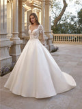 Ivory Satin Floor-Length Ball Gown with V-Neck, Lace Bodice, and Train
