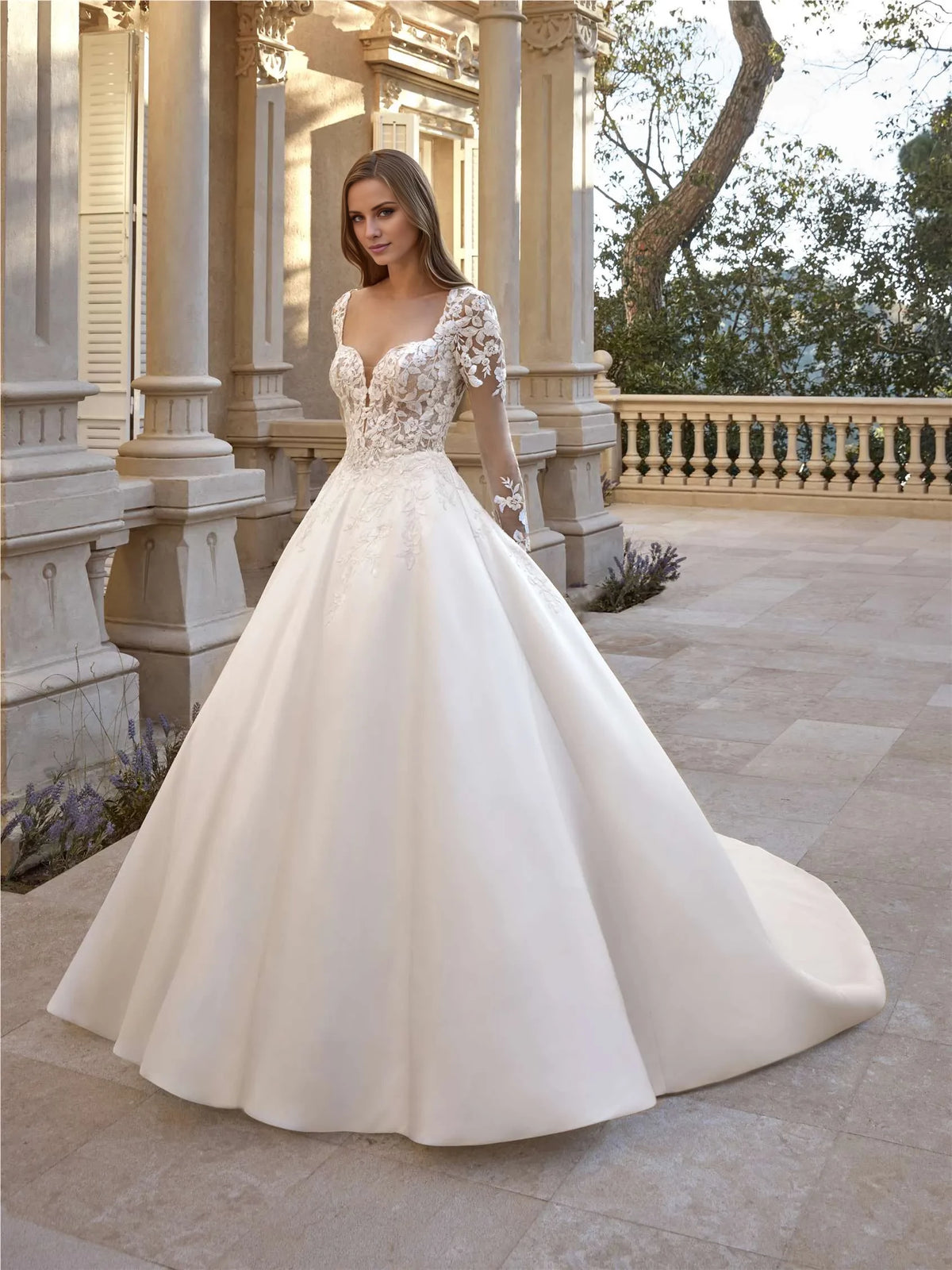 Ivory Satin Floor-Length Ball Gown with V-Neck, Lace Bodice, and Train