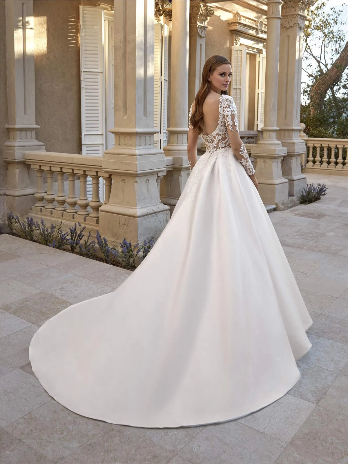 Ivory Satin Floor-Length Ball Gown with V-Neck, Lace Bodice, and Train