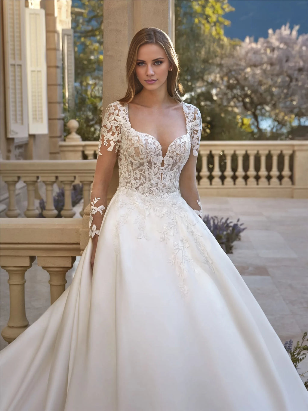 Ivory Satin Floor-Length Ball Gown with V-Neck, Lace Bodice, and Train