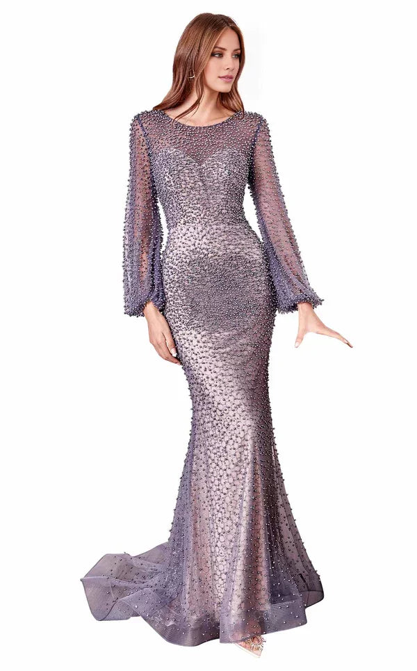Luxurious Mermaid Crew-Neck Puff-Sleeve Beaded-Mesh Train-Length Evening Dress