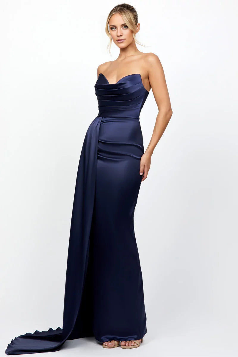 Luxurious Mermaid V Neck Sleeveless Strapless Ruched Train-Back Floor-Length Evening Dress
