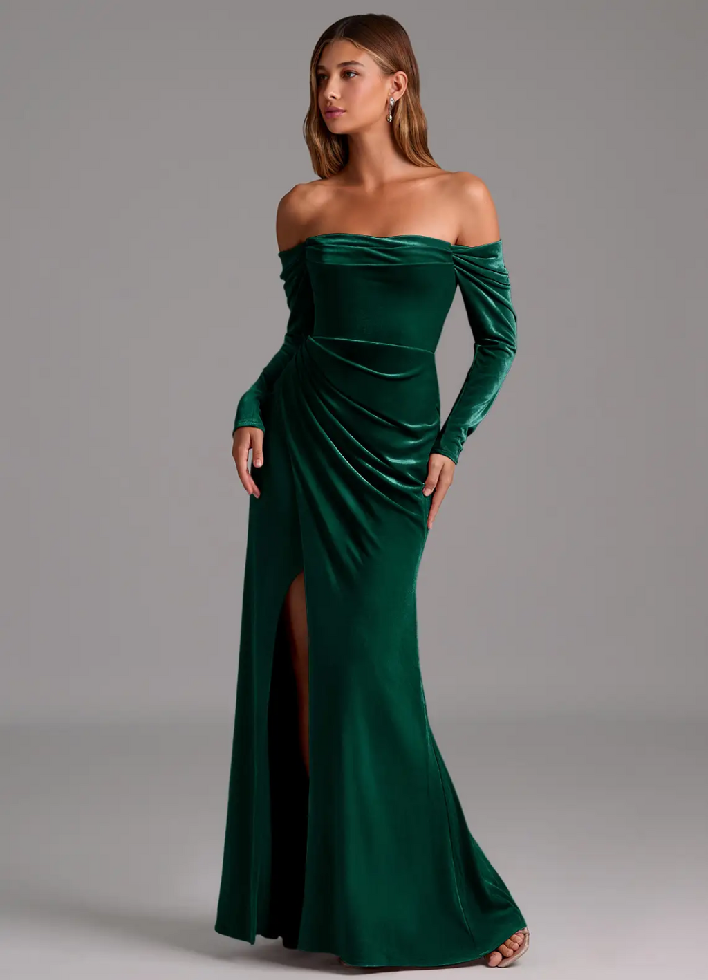 Emerald Velvet Off-the-Shoulder Floor-Length Gown