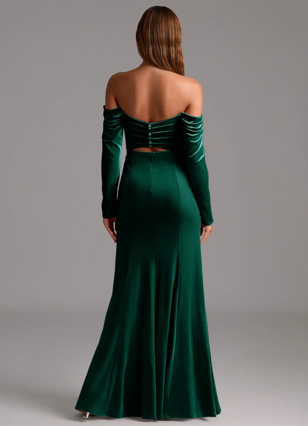 Emerald Velvet Off-the-Shoulder Floor-Length Gown