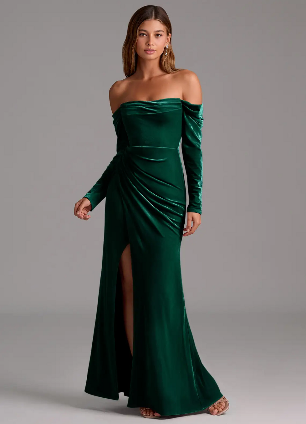 Emerald Velvet Off-the-Shoulder Floor-Length Gown
