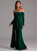 Emerald Velvet Off-the-Shoulder Floor-Length Gown