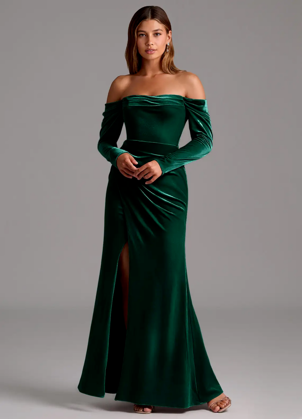 Emerald Velvet Off-the-Shoulder Floor-Length Gown