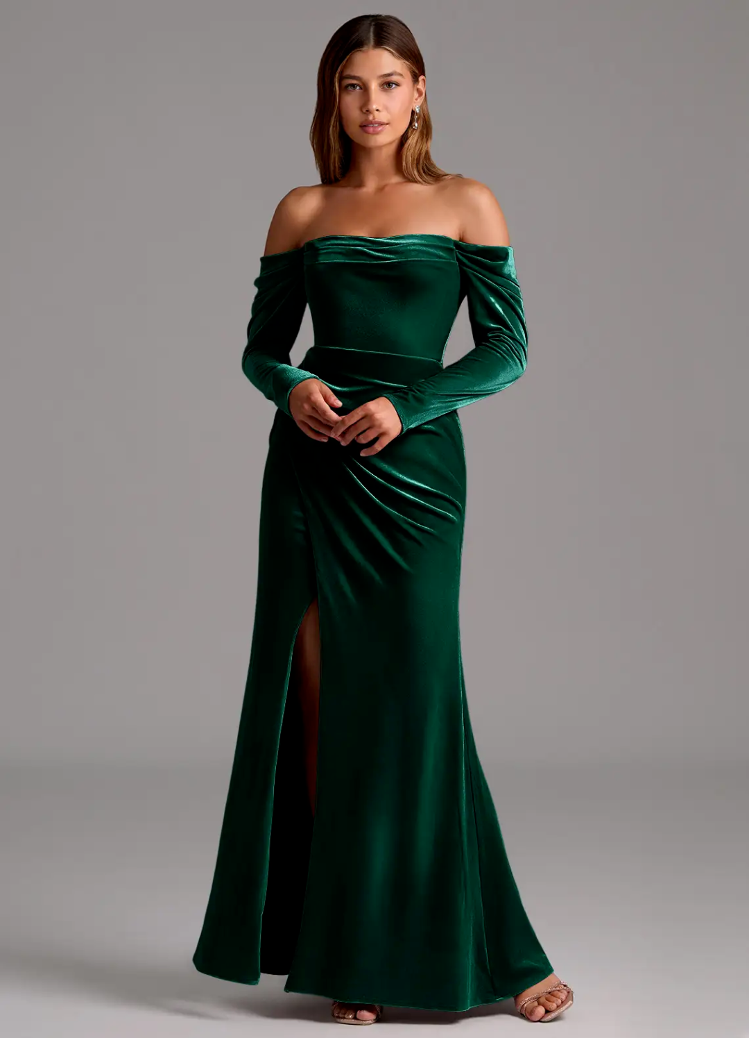 Emerald Velvet Off-the-Shoulder Floor-Length Gown