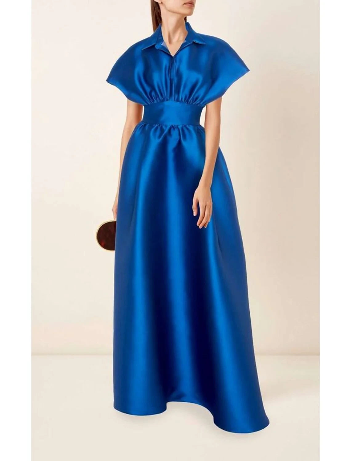 Luxurious Satin A-Line Collared V-Neck Batwing Sleeve Zipper Back Floor-Length Evening Dresses