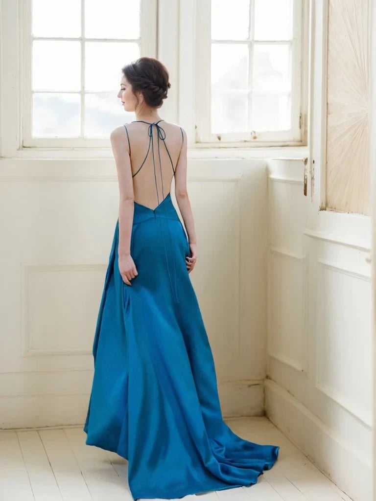 Luxurious Satin A-Line Cowl Neck Sleeveless Spaghetti Strap Open Back Tie Floor-Length High Slit Evening Dresses