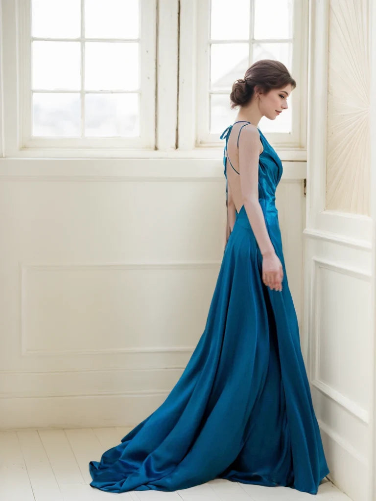Luxurious Satin A-Line Cowl Neck Sleeveless Spaghetti Strap Open Back Tie Floor-Length High Slit Evening Dresses