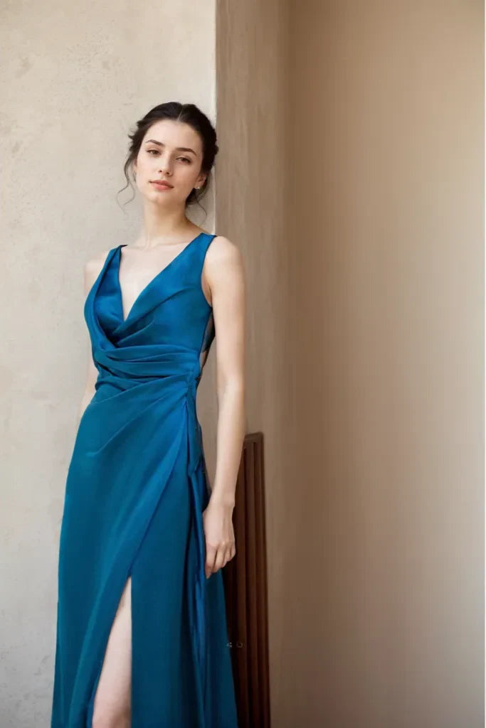 Luxurious Satin A-Line Cowl Neck Sleeveless Spaghetti Strap Open Back Tie Floor-Length High Slit Evening Dresses