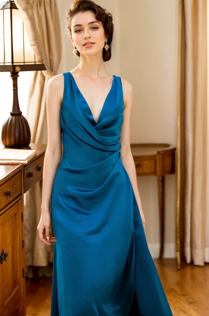 Luxurious Satin A-Line Cowl Neck Sleeveless Spaghetti Strap Open Back Tie Floor-Length High Slit Evening Dresses