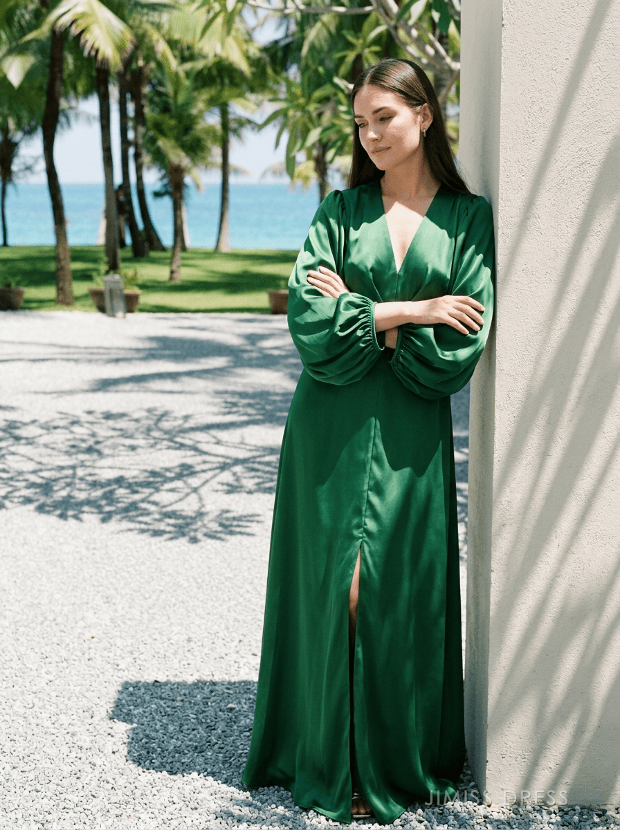Luxurious Satin A-Line V-Neck Long Lantern Sleeves Zipper Back Floor-Length Evening Dresses