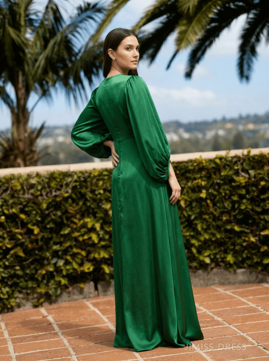 Luxurious Satin A-Line V-Neck Long Lantern Sleeves Zipper Back Floor-Length Evening Dresses