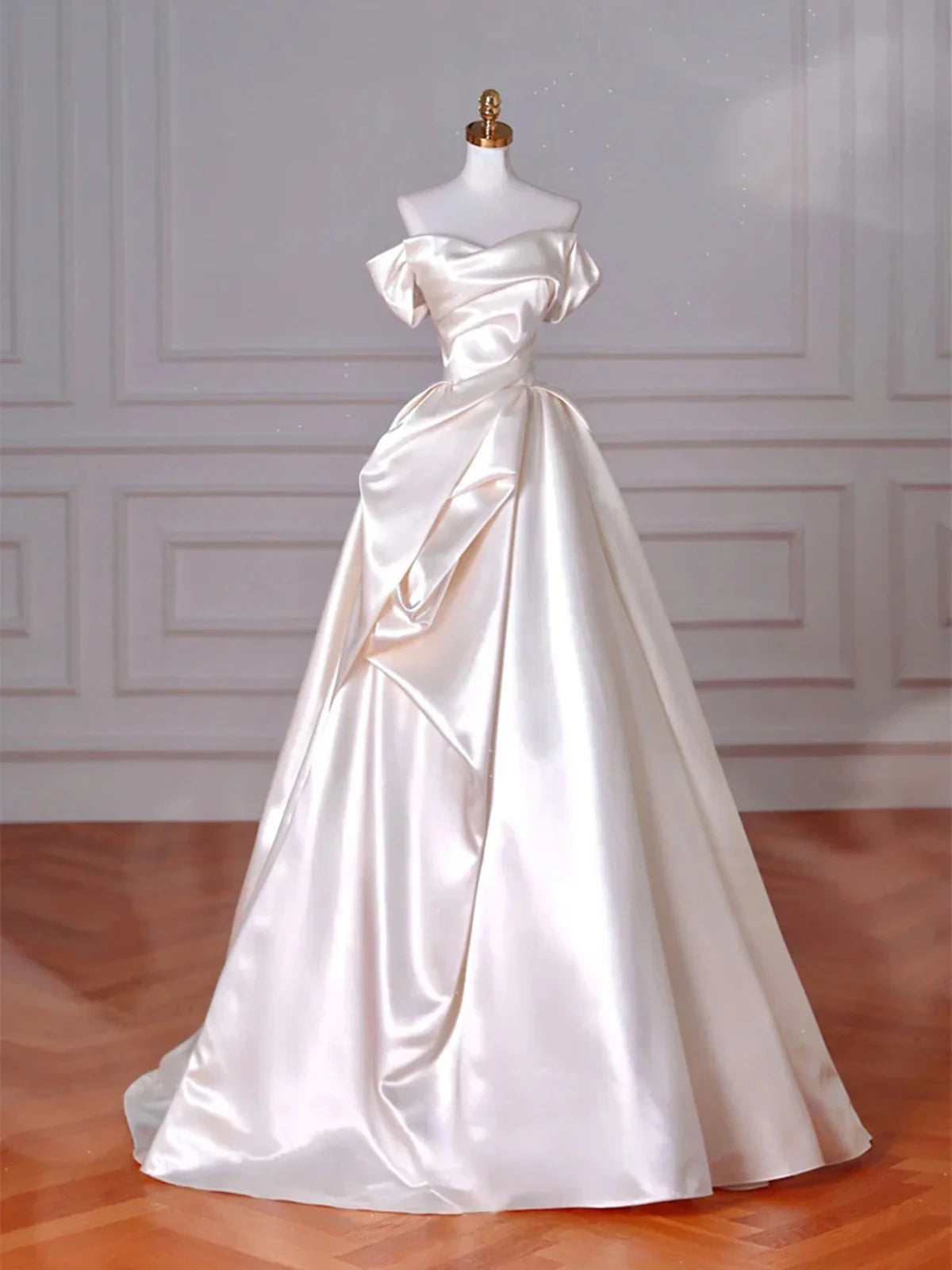 Luxurious Satin Ball Gown Off-the-Shoulder Short Puff Sleeves Lace-Up Back Floor-Length Evening Dresses