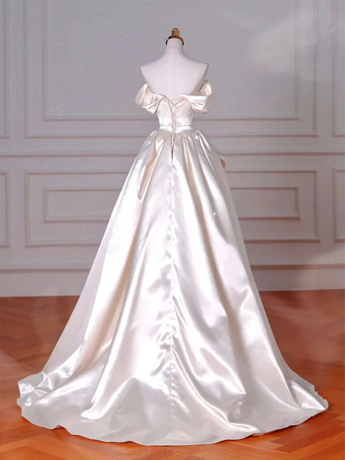 Luxurious Satin Ball Gown Off-the-Shoulder Short Puff Sleeves Lace-Up Back Floor-Length Evening Dresses