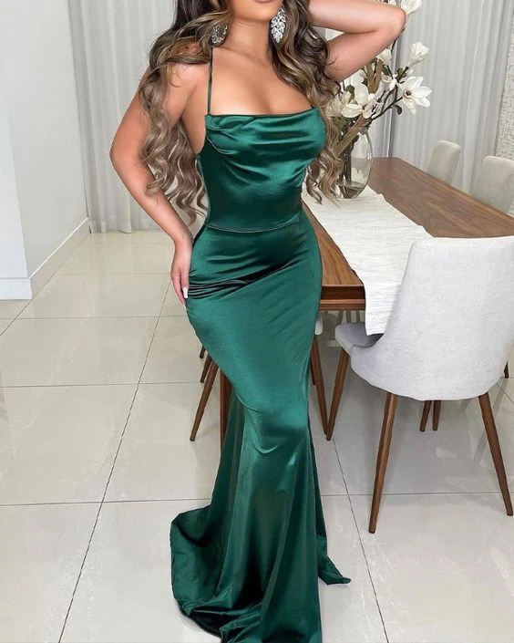Luxurious Satin Mermaid Gown Cowl Neck Spaghetti Strap Open Back Floor Length Evening Dresses