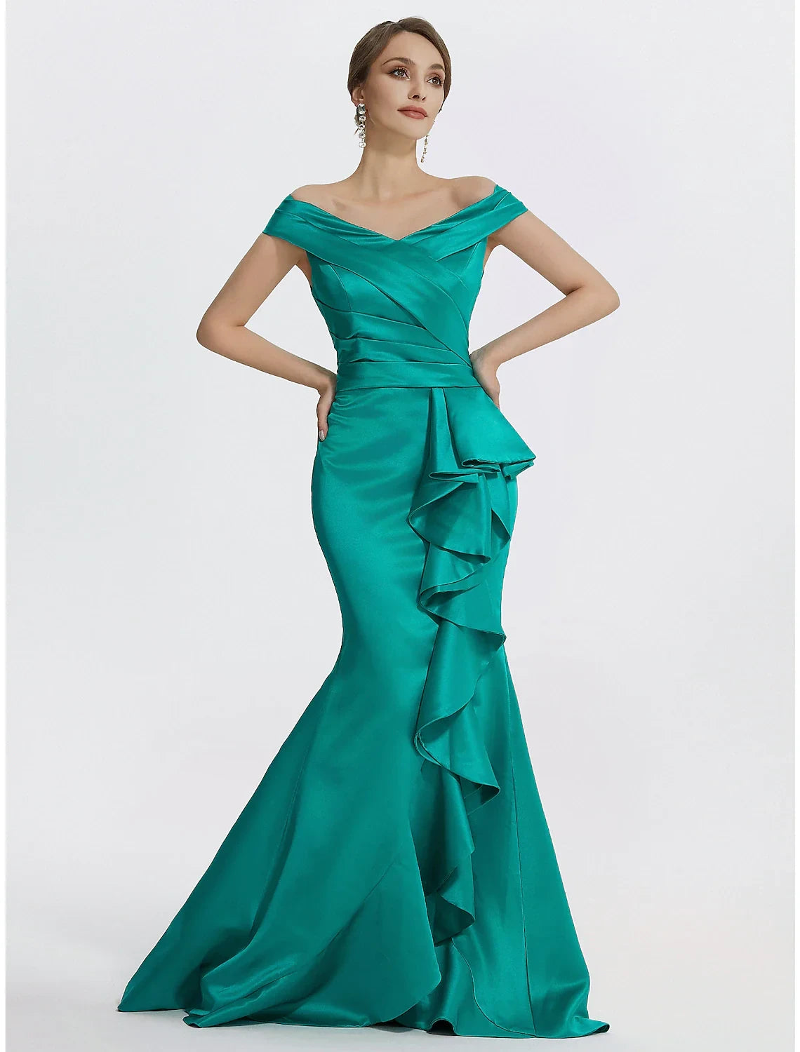 Luxurious Satin Mermaid Off-Shoulder V-Neck Short Sleeve Button-Up Back Floor-Length Evening Dresses