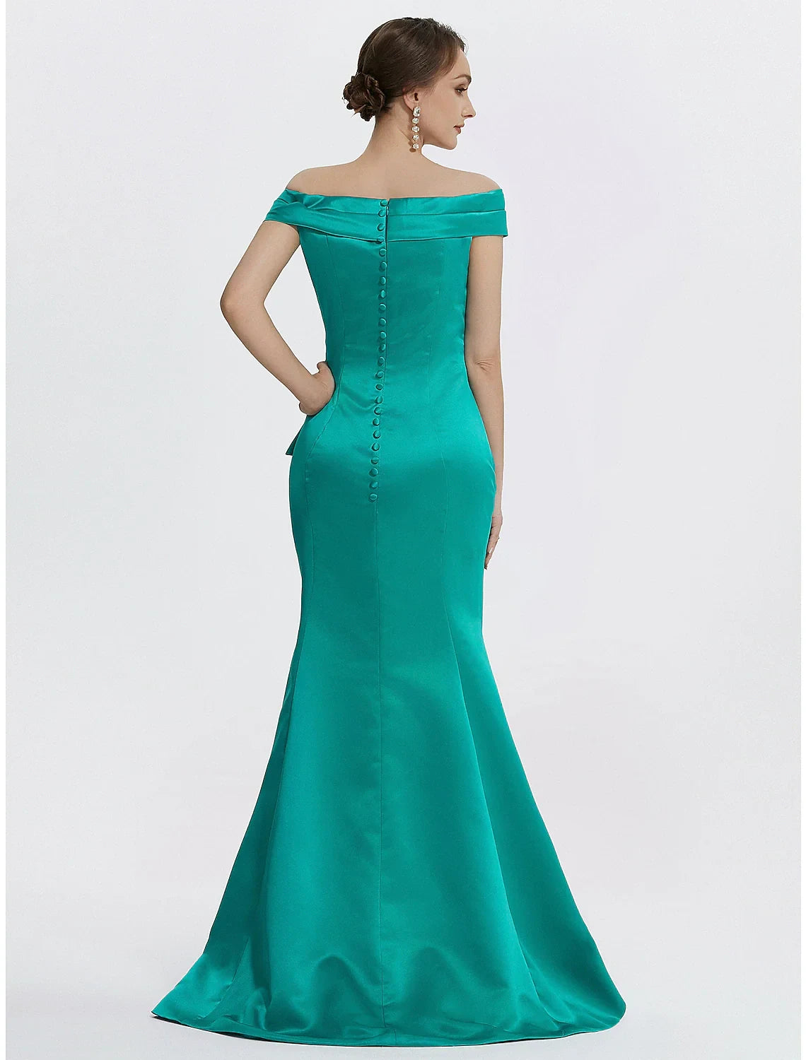 Luxurious Satin Mermaid Off-Shoulder V-Neck Short Sleeve Button-Up Back Floor-Length Evening Dresses