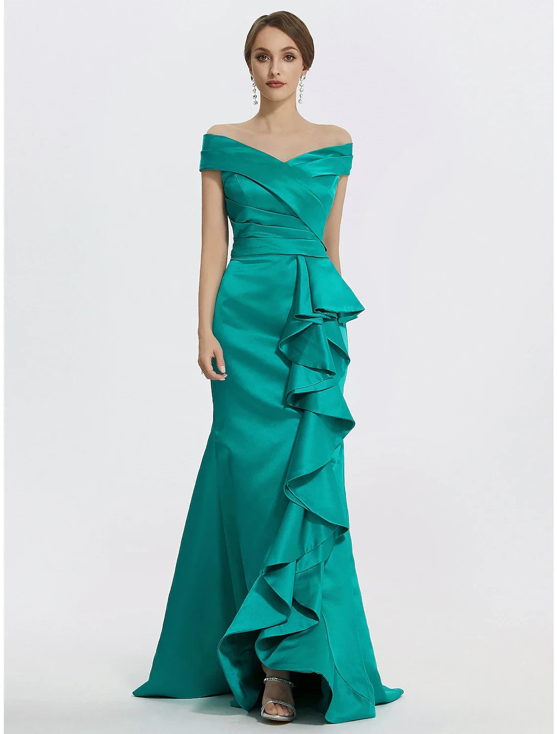 Luxurious Satin Mermaid Off-Shoulder V-Neck Short Sleeve Button-Up Back Floor-Length Evening Dresses