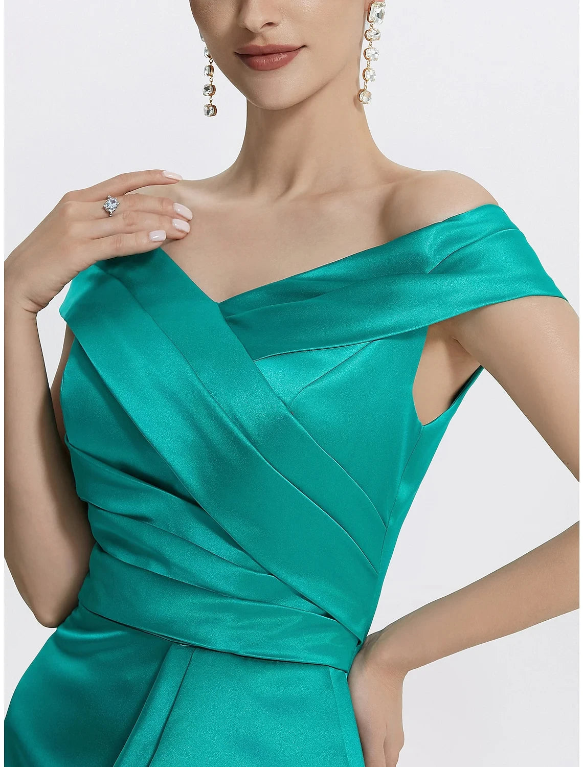 Luxurious Satin Mermaid Off-Shoulder V-Neck Short Sleeve Button-Up Back Floor-Length Evening Dresses